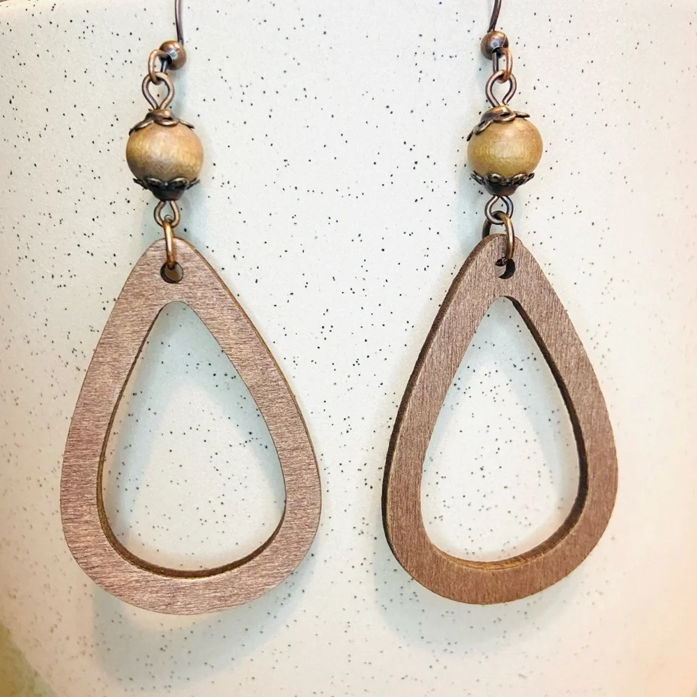 Boho natural Wood and copper hallowed out wooden tear drop water drop earrings